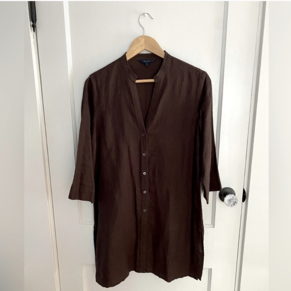 Boden Chocolate Brown Linen V-Neck Button Down Tunic